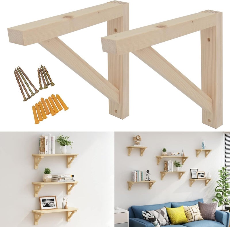 OVOV 2 Pack Wall Mount Wood Shelf Bracket Triangle Wooden Shelf Brackets for Plank Sconce Plug in Pendant Lamp Decorative DIY Wooden Bracket Include Mounting Screws 7 Inch - Image 1